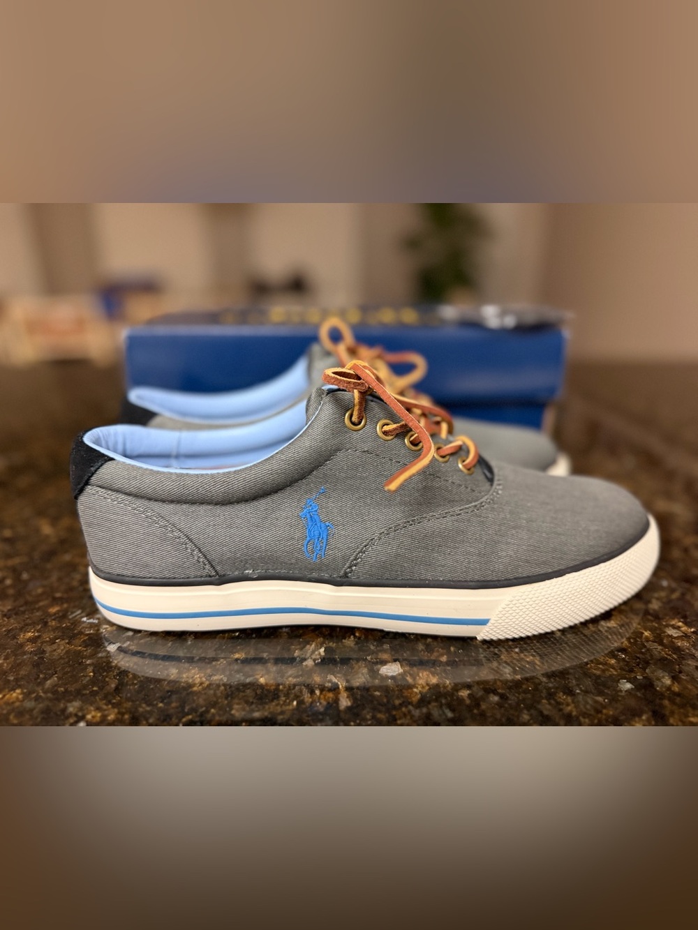 Polo by Ralph Lauren Gray Canvas Sneakers with Blue Logo and Tan Laces